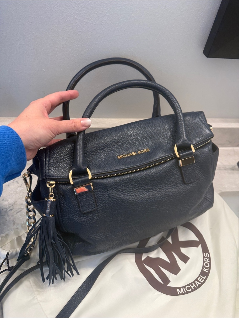 Michael Kors Dark Navy Pebbled Leather Satchel with Tassel Charm